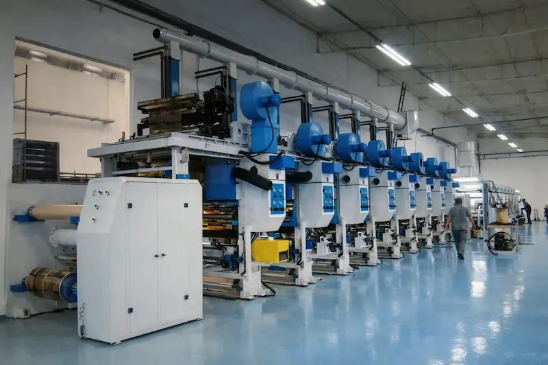 Operários deslocando máquina de rotogravura durante o remanejamento