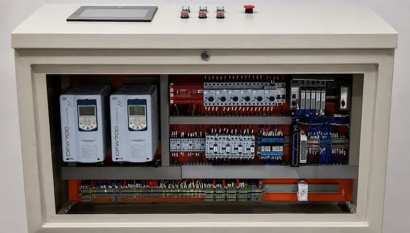 Mesa de comando de extrusora plana após retrofit, mostrando painéis e botões de controle